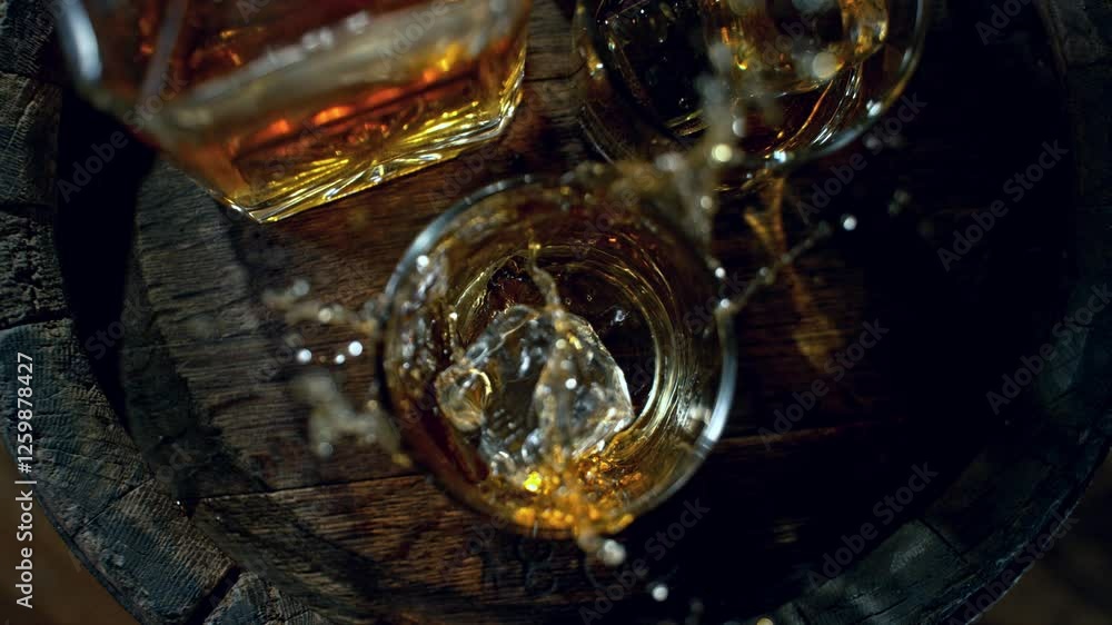 Poster super slow motion of ice cube falling into glass of whiskey with camera motion. overhead view. filme