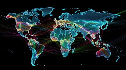 A global industrial trade route map with subtle glow effects on a midnight black background