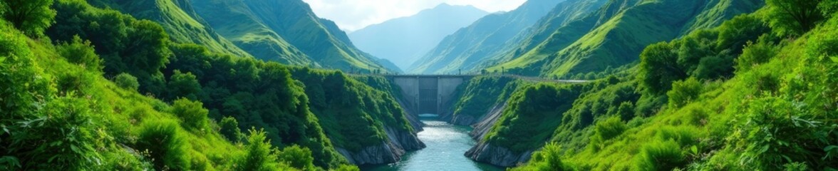 Obraz premium Lush greenery surrounding the mountain valley and hydroelectric dam, valley, vegetation