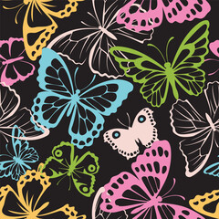Seamless pattern with abstract yellow, blue, red, and green flying butterfly flock silhouette. Cute background for Spring or Summer holiday. Wrapping or fabric design. Vector stock illustration.