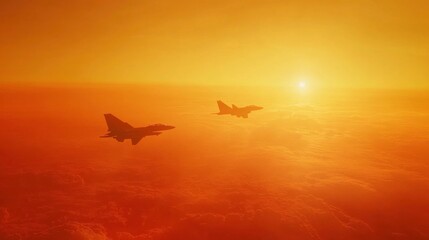 Fototapeta premium Fighter Jets Flying in the Sky at Sunset Over Orange Clouds