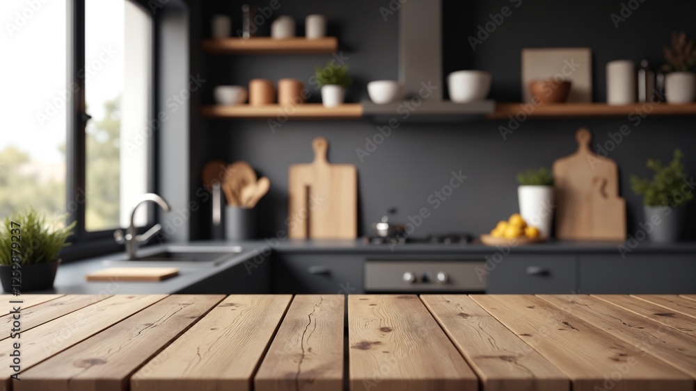 Poster wooden table background of free space for your decoration and blurred background of kitchen. copy sp