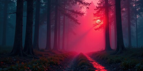 Red light streaks through a misty forest landscape, red light, forest