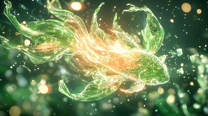 Obraz premium Abstract Green and Gold Koi Fish in Water Glowing Digital Art Energy Nature