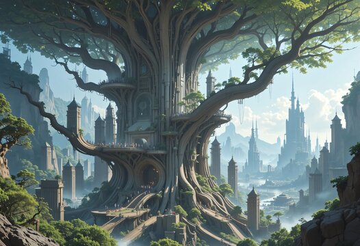  Enchanting City Nestled Within a Giant Tree. A breathtaking digital painting showcases a fantastical city nestled within the colossal branches of a magnificent tree
