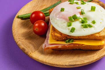 Delicious breakfast sandwich with egg and fresh vegetables on a wooden plate
