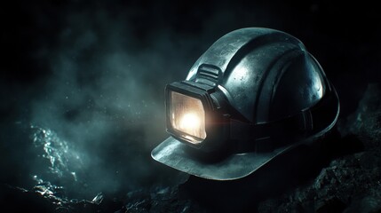 Obraz premium A hard hat with an integrated headlamp glowing on a deep industrial charcoal background