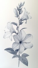 Detailed monochrome illustration of a blooming flower with delicate petals and leaves