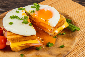 Tasty breakfast sandwich with runny egg and fresh toppings