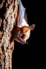 Obraz premium Pale bat roosting on a tree trunk at night. Potential use Conservation education