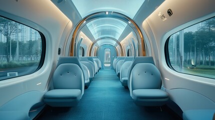 Obraz premium Futuristic high-speed train interior with modern blue seats and curved glass windows. Transportation, travel, and technology concept
