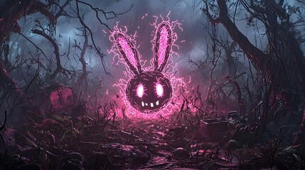 Glowing Pink Bunny Rabbit in Dark Rainy Forest Digital Art