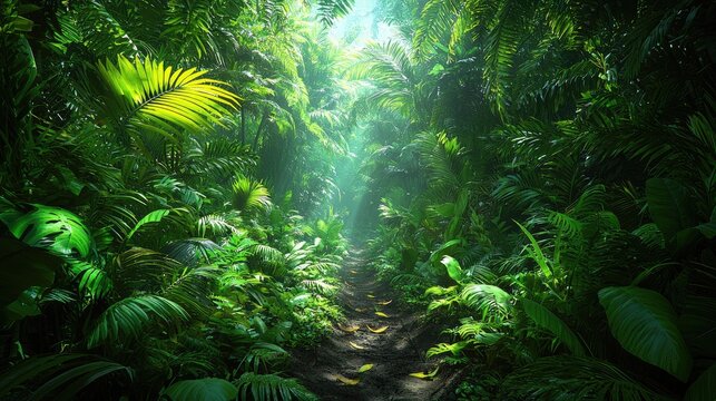 Fototapeta Lush tropical jungle pathway illuminated by soft sunlight filtering through dense foliage