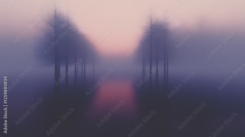Poster tranquil and mysterious pathway winding through a shadowy misty forest at the enchanting hour of twi