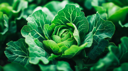 Fototapeta premium A cabbage plant growing in nutrient-rich soil, Green cabbages growing in field. Organic farming 