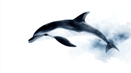  a watercolor painting of a dolphin jumping out of the water against a white background The dolphin is painted in a realistic style, with its fins and tail visible