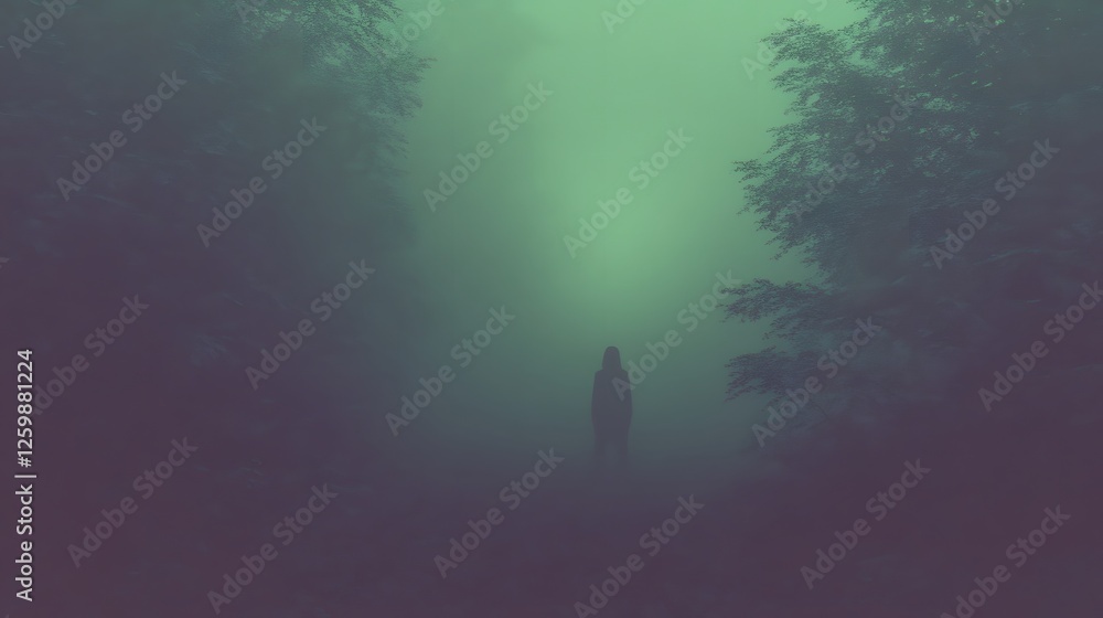 Poster a lone shadowy figure emerges from the depths of a misty foreboding forest its identity and purpose 