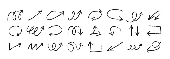 Hand drawn grunge ink textured arrows sketch set. Various different pointers collection isolated on white background