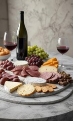 Stylish marble table with a selection of wine, cheese, and charcuterie, refined, food display, upscale, curated