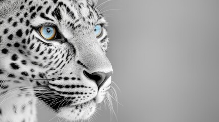 Obraz premium a close up of a leopard's face with blue eyes against a grey background The resolution of the image is 1920x1200