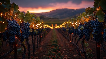 Naklejka premium Lush vineyard at sunset adorned with glowing lights, showcasing ripe grapes and scenic mountains