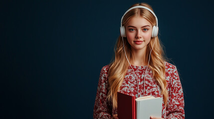 Fototapeta premium beauty student using headphone holding books, marketing photography, happy to sell you a product, standing, smiling