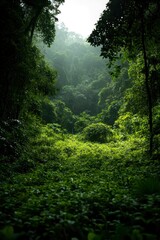 Obraz premium Lush forest, dense foliage, verdant growth, sunlight. Serene background use