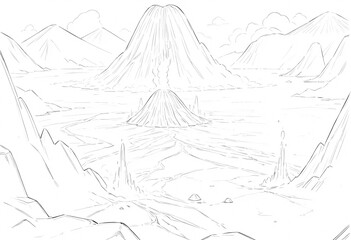  Monochromatic sketch of a volcanic landscape. A detailed black and white line art sketch of a volcanic landscape