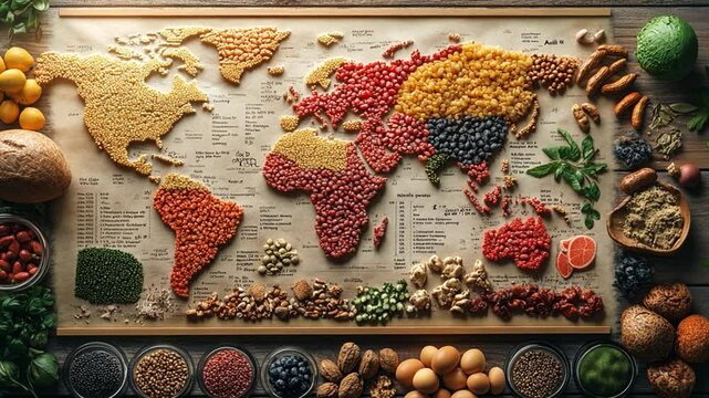 Culinary Cartography: A stunning, top-down image showcases a world map artfully crafted from an array of global food staples.