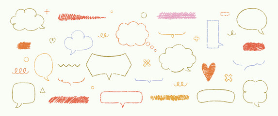 Set of hand drawn grunge crayon, charcoal, chalk speech bubbles, zigzag, heart and strikethrough. Multicolor Outline text boxes with emphasis. Japan handwritten illustration.