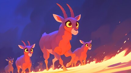 Dramatic landscape scene with a herd of wild mountain goats silhouetted against a fiery orange and purple sunset sky over rugged rocky peaks  The image evokes a sense of wilderness