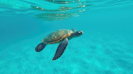 Obraz premium Swimming in turquoise ocean waters with a sea turtle gliding effortlessly beneath the surface, coral reef,