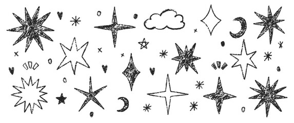 Set of crayon clouds, stars and moon. Sketch black vector kids crayon illustration isolated on white background.