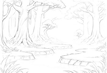  Detailed Pencil Sketch of a Lush Forest Scene by a Waterway. A captivating detailed pencil sketch portrays a tranquil forest scene