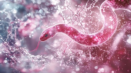 Obraz premium Abstract Pink Snake in Water Splash Digital Art 3D Render Wireframe Glowing Mystical