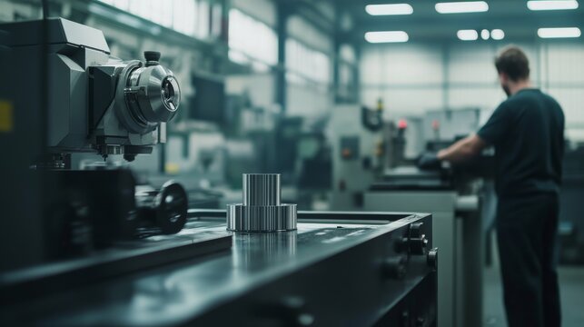 Precision workshop. Machinists operating CNC machines. Highlighting precision engineering and machining. Ideal for manufacturing industry insights.