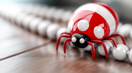 Obraz premium a red and white ladybug sitting atop a wooden table, with a blurred background
