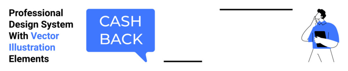 Obraz premium Cashback in bold blue speech bubble next to man holding tablet. Ideal for marketing, sales promotions, finance, mobile app design, rewards programs, customer loyalty, flat landing page banner