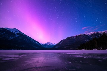 Aurora over snowy mountains landscape and frozen lake; travel, nature backdrop