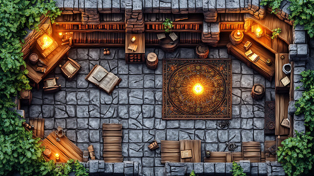 Medieval Study Room with Fireplace and Bookshelves