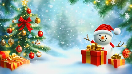 A Christmas illustration with a Christmas tree in the corner, a gift box and a snowman. A festive winter poster with a place for text in the middle.