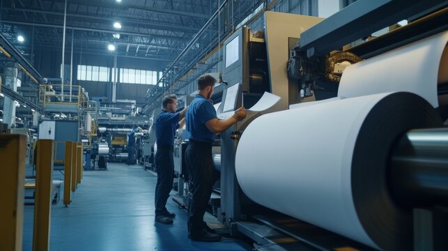 Printing press facility. Workers operating large printing machines. Emphasizing the speed and accuracy of print production. Ideal for publishing industry insights.
