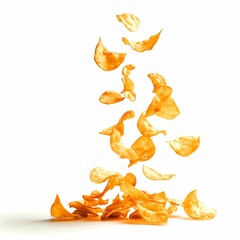 fried potato chips falling, white background