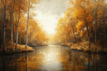 Obraz premium Autumn River Path, Golden Trees, Calm Waters, Peaceful Landscape, Nature Art