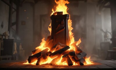 Tall flames rising from the hearth like a fiery tower , rise, smoldering coals, ascension