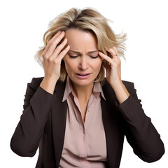 Stress and Strain: A businesswoman experiencing intense stress, holding her head in her hands, conveying feelings of pressure and overwhelm.  