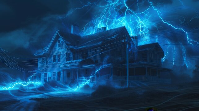 An abandoned house is engulfed in a ferocious lightning storm, with blue electric bolts crackling across the sky. The eerie glow and dark atmosphere add to the suspenseful setting. AI generated.