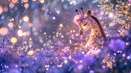 Fototapeta premium Magical Giraffe in Flower Meadow Enchanted Forest Glowing Lights Fantasy Art