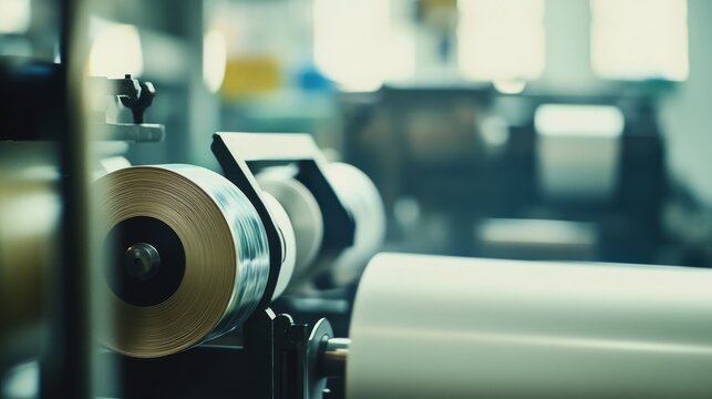 Printing press with rolling paper and ink. Featuring commercial printing. Highlighting high-volume production and quality. Ideal for printing industry visuals.
