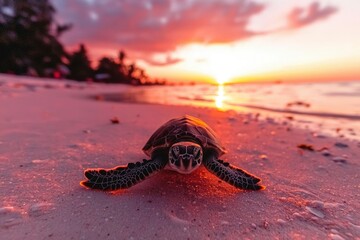 Turtle on beach at sunset; conservation; sea life theme